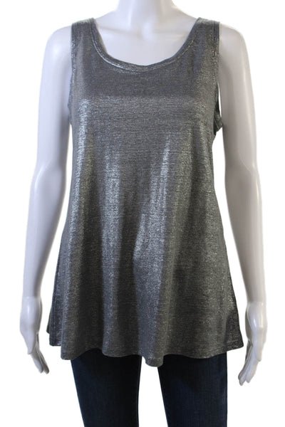 Eileen Fisher Womens Scoop Neck Metallic Knit Tank Top Gray Linen Size XS