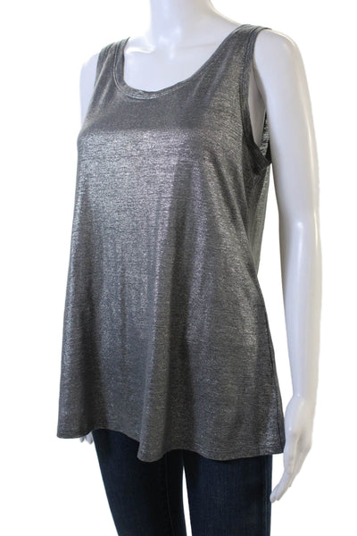 Eileen Fisher Womens Scoop Neck Metallic Knit Tank Top Gray Linen Size XS