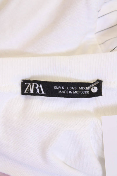 Zara Womens Cotton Striped Print Layered Long Sleeve Cropped Blouse White Size S