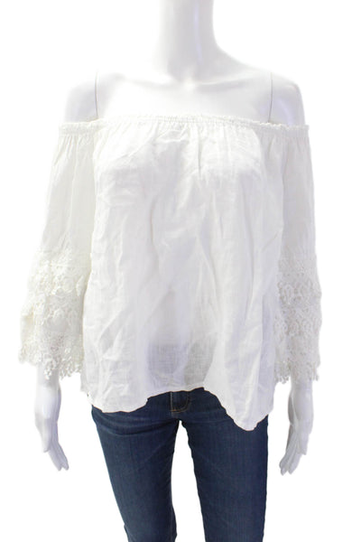 Saks Fifth Avenue Womens Linen Floral Lace Off the Shoulder Blouse White Size S
