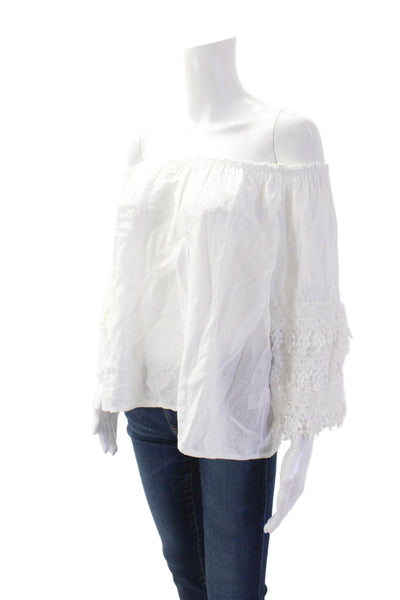 Saks Fifth Avenue Womens Linen Floral Lace Off the Shoulder Blouse White Size S