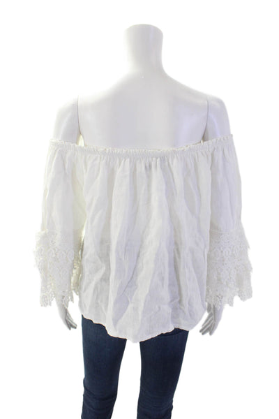 Saks Fifth Avenue Womens Linen Floral Lace Off the Shoulder Blouse White Size S