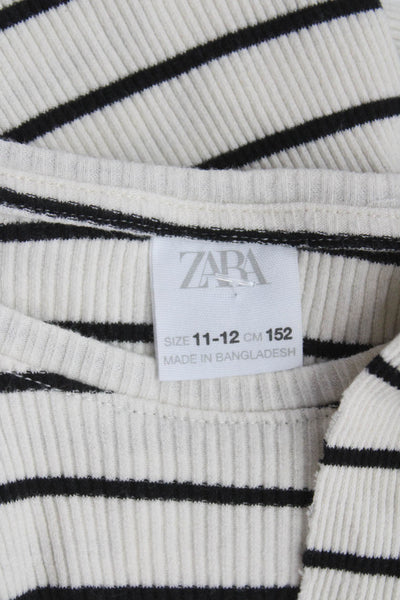 Zara Girls Long Sleeve Striped Round Neck Casual Knit Top White Size 11-12Y