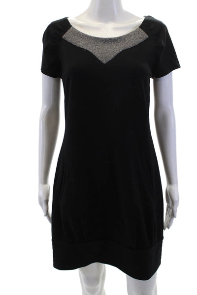 Searle Womens Printed Scoop Neck Zip Back Short Sleeve Dress Black Size 4
