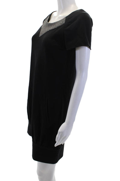 Searle Womens Printed Scoop Neck Zip Back Short Sleeve Dress Black Size 4