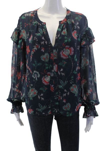 Derek Lam Womens Ikat Floral Print Ruffled Blouse Navy Blue Size EUR 42