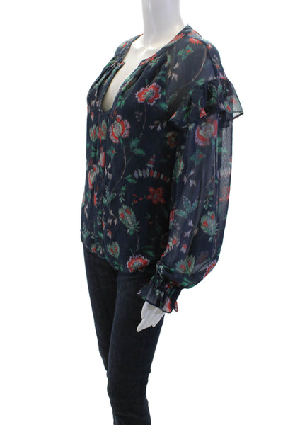 Derek Lam Womens Ikat Floral Print Ruffled Blouse Navy Blue Size EUR 42