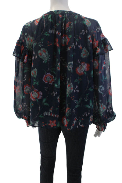 Derek Lam Womens Ikat Floral Print Ruffled Blouse Navy Blue Size EUR 42