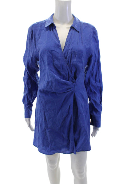 Zara Womens Crew Neck Long Sleeves Faux Wrap Shirt Dress Blue Size Medium