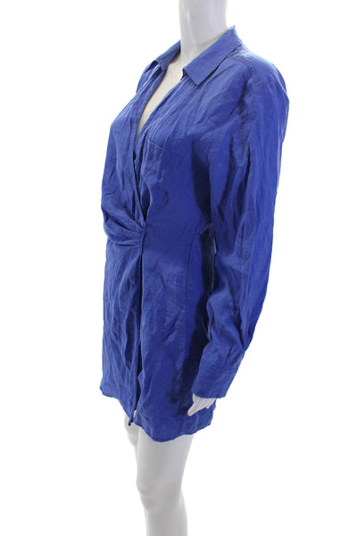 Zara Womens Crew Neck Long Sleeves Faux Wrap Shirt Dress Blue Size Medium