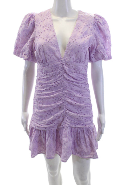 Zara Womens Eyelet Short Puffy Sleeves Ruched Dress Lavender Cotton Size Medium