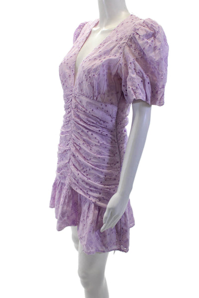 Zara Womens Eyelet Short Puffy Sleeves Ruched Dress Lavender Cotton Size Medium