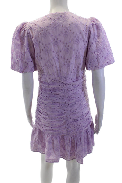 Zara Womens Eyelet Short Puffy Sleeves Ruched Dress Lavender Cotton Size Medium