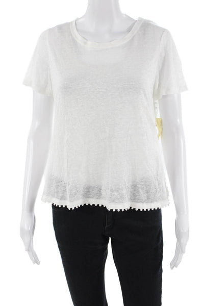 Majestic Filatures Womens Linen Pom-pom Detail Scoop Neck Tee Top White Size 1