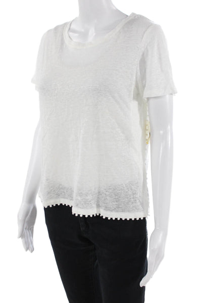 Majestic Filatures Womens Linen Pom-pom Detail Scoop Neck Tee Top White Size 1
