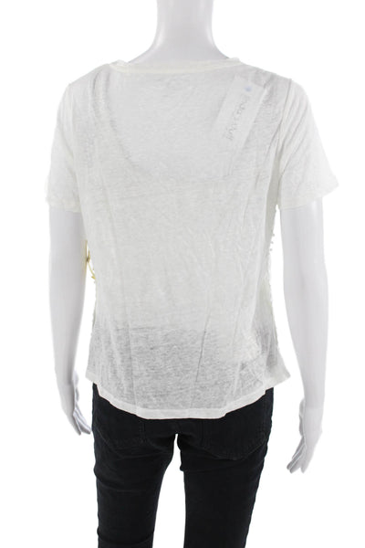 Majestic Filatures Womens Linen Pom-pom Detail Scoop Neck Tee Top White Size 1