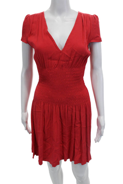 Maje Womens Short Sleeve V-Neck Smocked Waist Mini Dress Red Size 1
