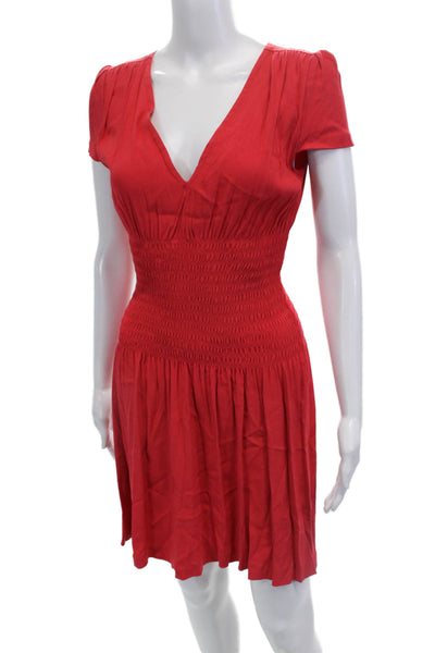 Maje Womens Short Sleeve V-Neck Smocked Waist Mini Dress Red Size 1