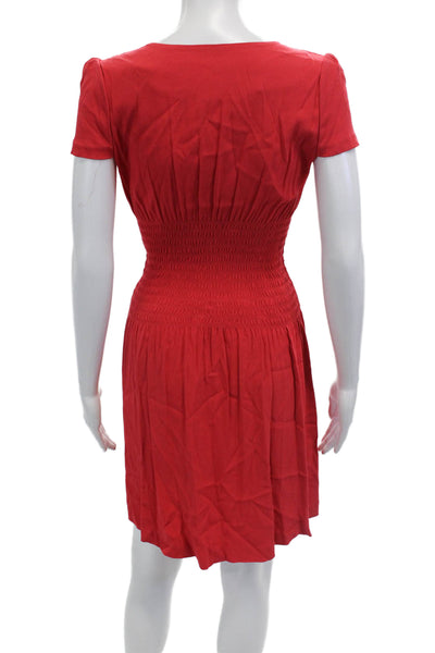 Maje Womens Short Sleeve V-Neck Smocked Waist Mini Dress Red Size 1