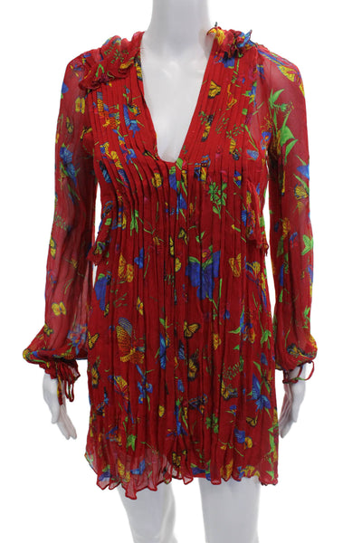 The Kooples Womens Floral Print Pleated Neckline Sheer Mini Dress Red Size 2
