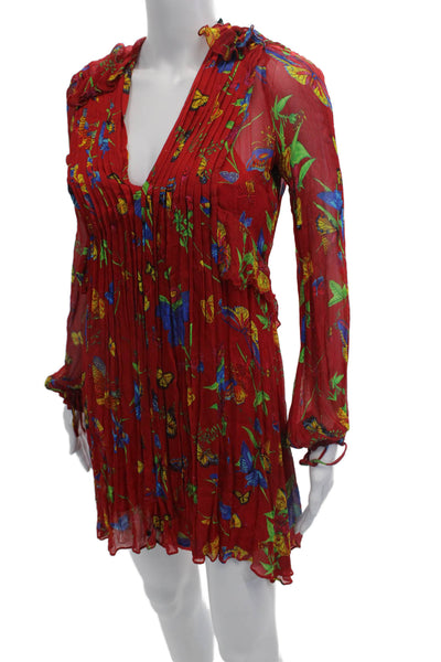 The Kooples Womens Floral Print Pleated Neckline Sheer Mini Dress Red Size 2