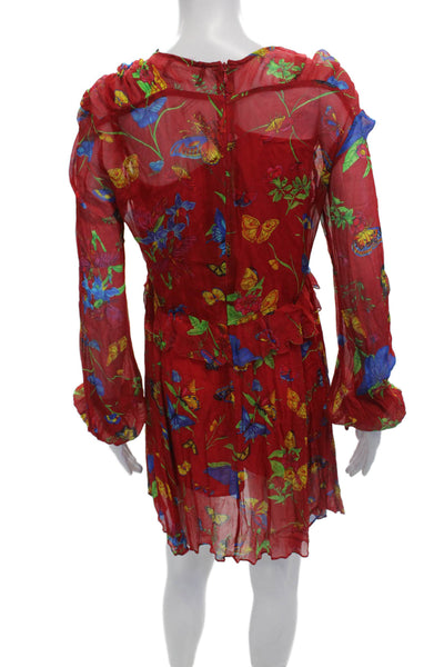The Kooples Womens Floral Print Pleated Neckline Sheer Mini Dress Red Size 2