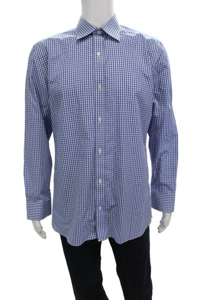 Bonobos Mens Button Front Long Sleeve Collared Gingham Shirt Blue White 16.5