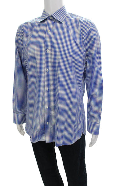 Bonobos Mens Button Front Long Sleeve Collared Gingham Shirt Blue White 16.5