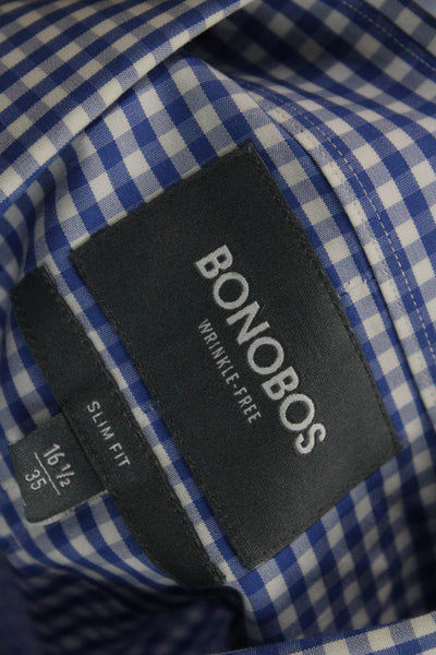 Bonobos Mens Button Front Long Sleeve Collared Gingham Shirt Blue White 16.5