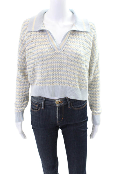 525 Women's Long Sleeves Collared Open Knit Cropped Sweater Blue Size S