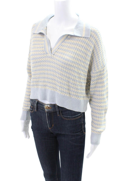 525 Women's Long Sleeves Collared Open Knit Cropped Sweater Blue Size S