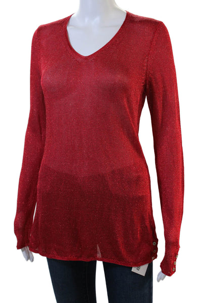 J. Mclaughlin Womens Long Sleeves V Neck Sweater Red Metallic Size Small