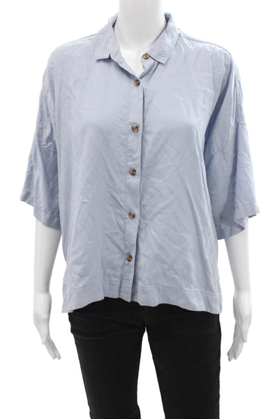 Everlane Womens Button Front Short Sleeve Collared Oversized Shirt Blue Medium
