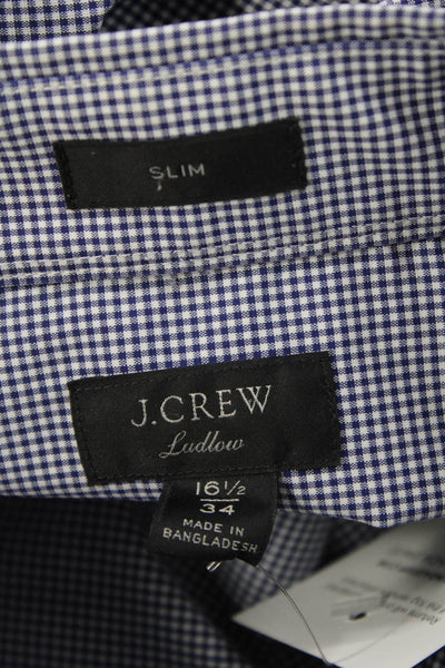 J Crew Mens Button Front Long Sleeve Collared Plaid Shirt Navy White Size 16.5