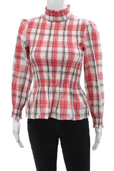 Zara Womens Cotton Plaid Print Ruched High Neck Blouse Red Size XS