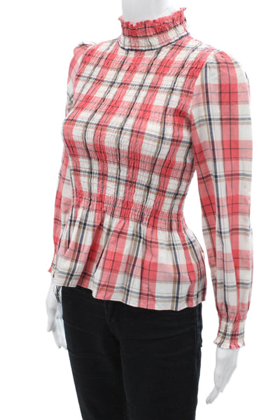 Zara Womens Cotton Plaid Print Ruched High Neck Blouse Red Size XS