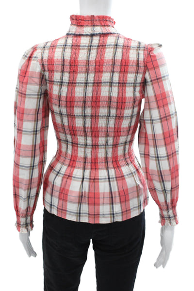 Zara Womens Cotton Plaid Print Ruched High Neck Blouse Red Size XS