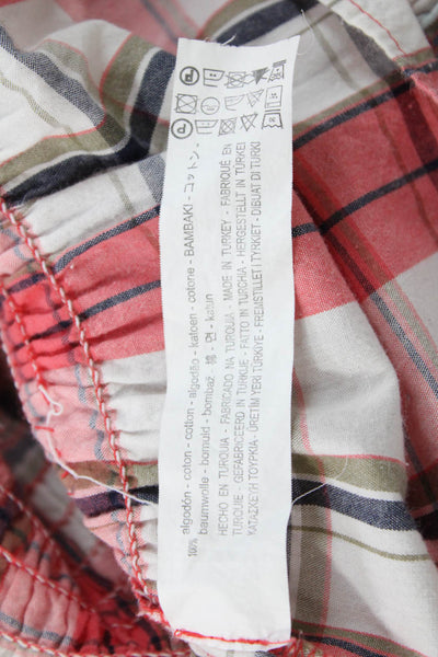 Zara Womens Cotton Plaid Print Ruched High Neck Blouse Red Size XS