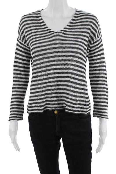 Eileen Fisher Womens Striped Print Long Sleeve Pullover Blouse White Size 2XS