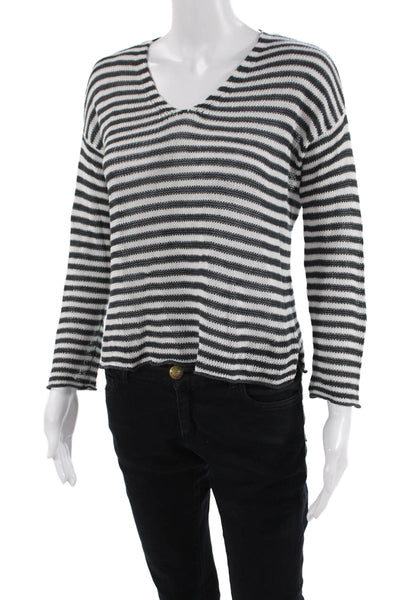 Eileen Fisher Womens Striped Print Long Sleeve Pullover Blouse White Size 2XS