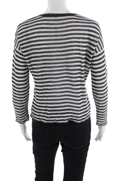 Eileen Fisher Womens Striped Print Long Sleeve Pullover Blouse White Size 2XS