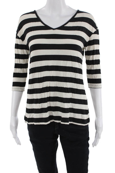 Theory Womens Striped Print Short Sleeve V-Neck Pullover Top Black White Size P