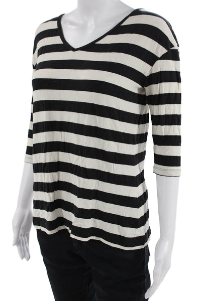 Theory Womens Striped Print Short Sleeve V-Neck Pullover Top Black White Size P