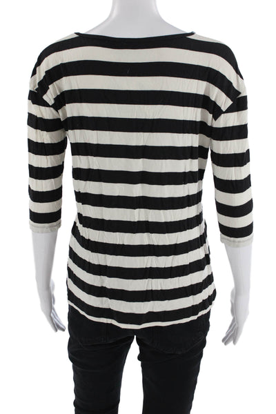 Theory Womens Striped Print Short Sleeve V-Neck Pullover Top Black White Size P