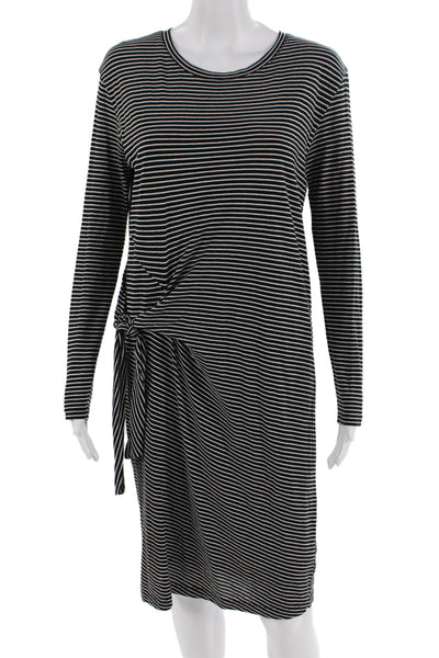Vince Womens Striped Print Long Sleeve Tie Waist Dress Black White Size XS