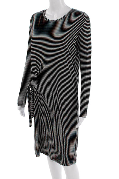 Vince Womens Striped Print Long Sleeve Tie Waist Dress Black White Size XS