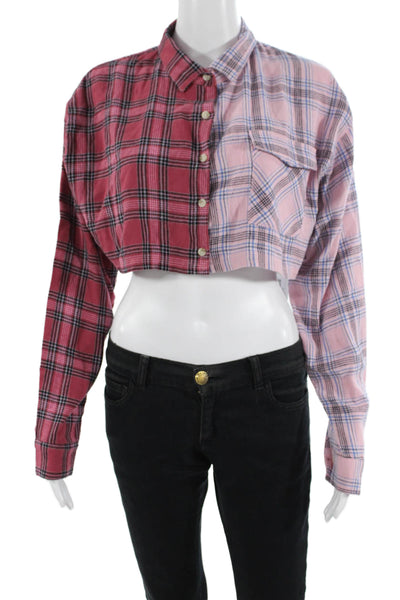 Adika Womens Plaid Button Down Shirt Pink Blue Cotton Size Medium