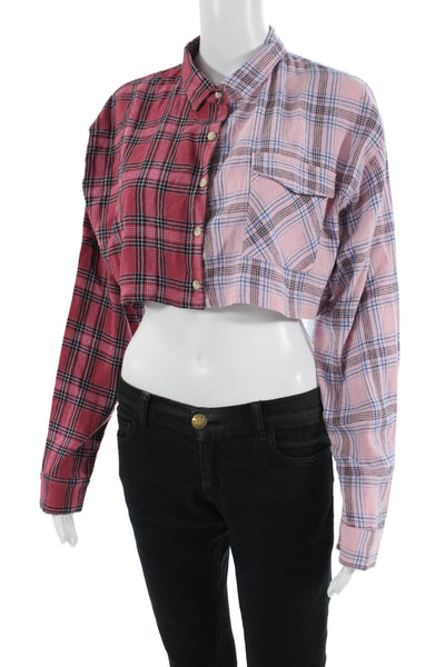 Adika Womens Plaid Button Down Shirt Pink Blue Cotton Size Medium