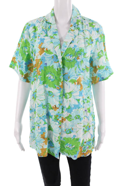 Faithfull The Brand Womens Linen Floral Print Button Down Shirt Blue Size 6