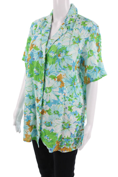 Faithfull The Brand Womens Linen Floral Print Button Down Shirt Blue Size 6
